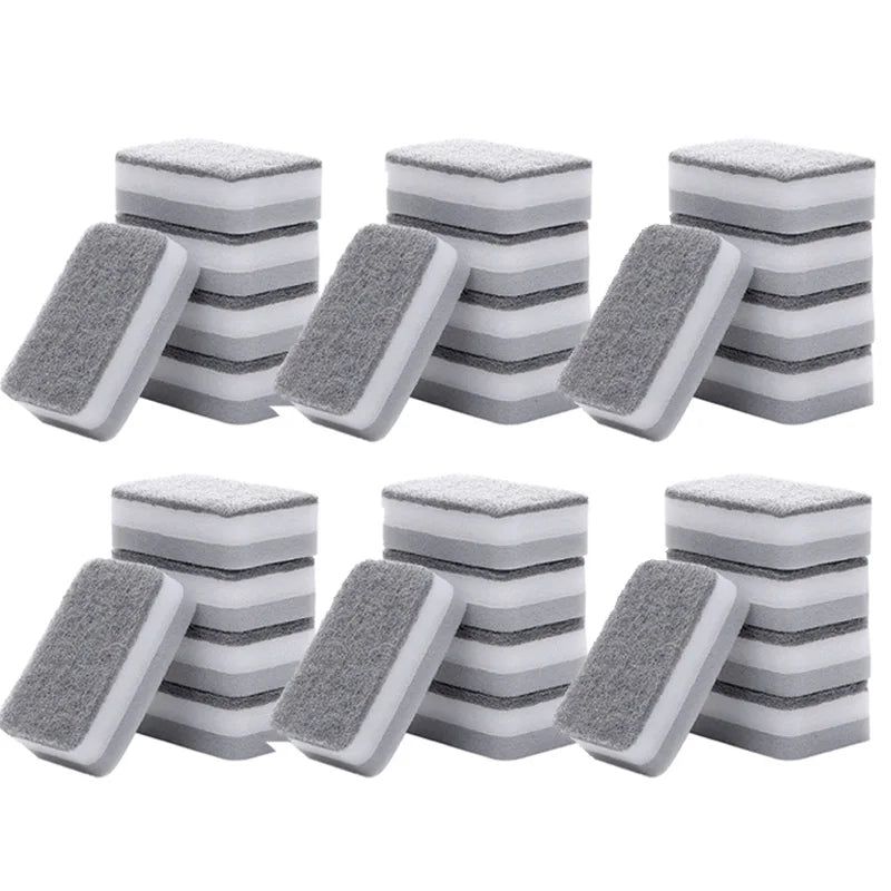 A set of double-sided cleaning sponges in gray and white stripes stacked in rows.