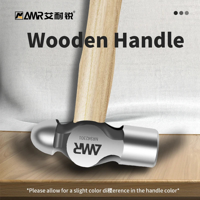 A close-up view of a wooden handle for a ball peen hammer, showing the metal ferrule and branding.