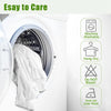 A white ruffled elastic bed skirt is shown inside a washing machine, with icons detailing care instructions.