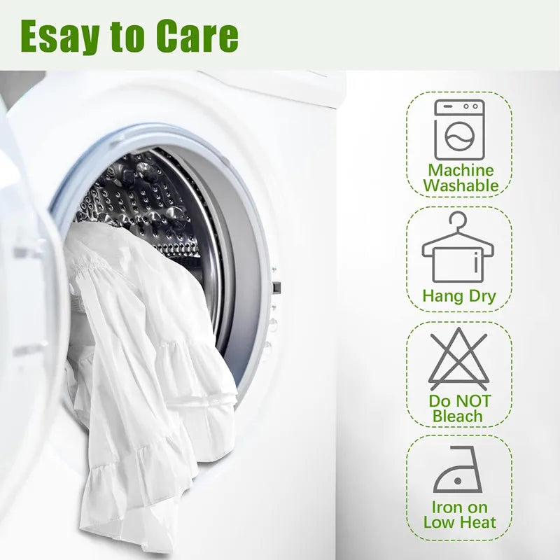A white ruffled elastic bed skirt is shown inside a washing machine, with icons detailing care instructions.