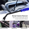 A black fastener remover tool with a blue handle is shown for removing car door panels and upholstery clips.