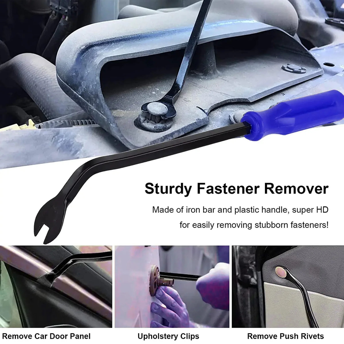 A black fastener remover tool with a blue handle is shown for removing car door panels and upholstery clips.