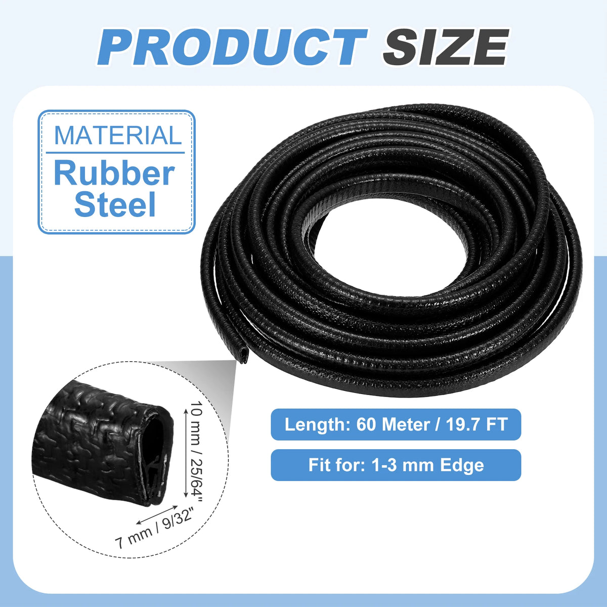 Black rubber steel flexible U-channel edge protector trim coiled for use with 1-3 mm edges.