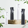 A set of three black and white continuous fine mist spray bottles displayed on a wooden surface.