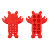 A pair of bright red silicone baby teether toys shaped like a remote control, featuring various buttons and symbols.