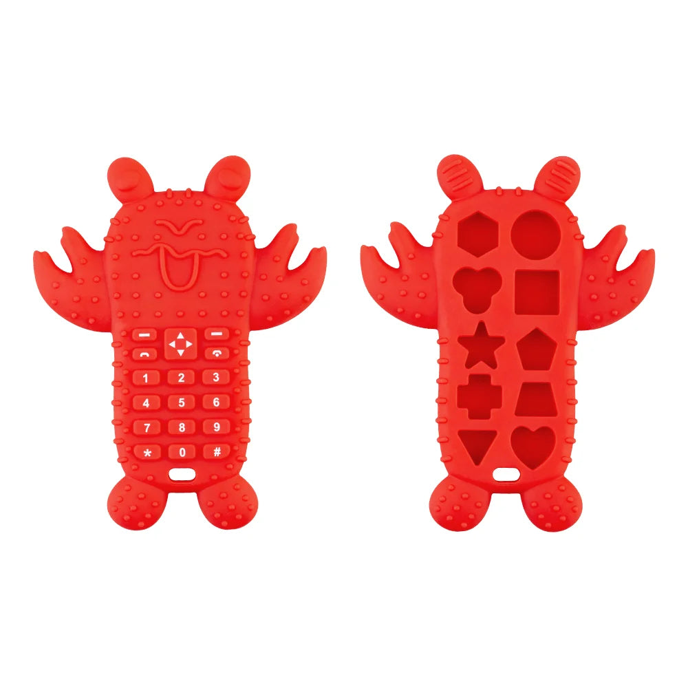 A pair of bright red silicone baby teether toys shaped like a remote control, featuring various buttons and symbols.