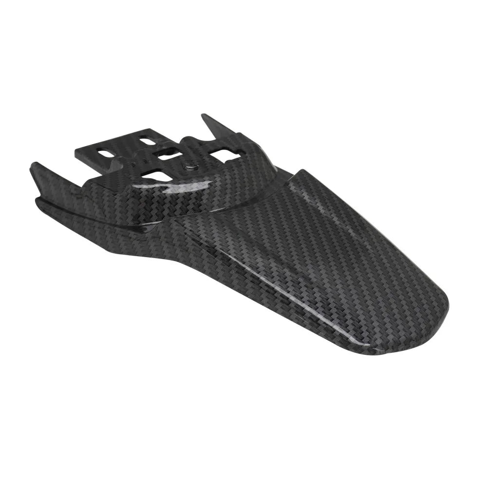 Black carbon fiber rear mudguards for a Sur-Ron S/X electric vehicle.