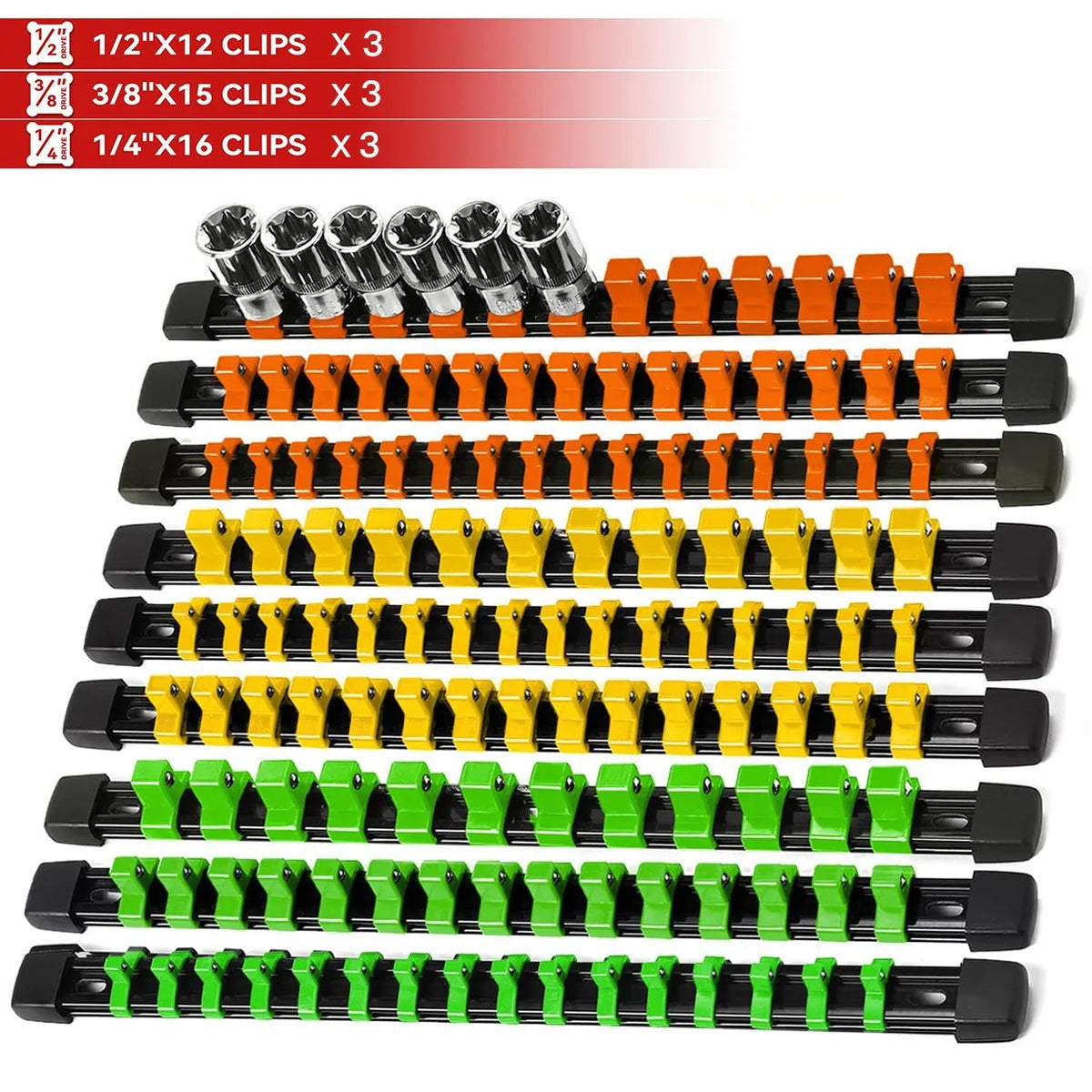 Three sets of black socket organizer rails with various sized clips for 1/4, 3/8, and 1/2 inch drives.