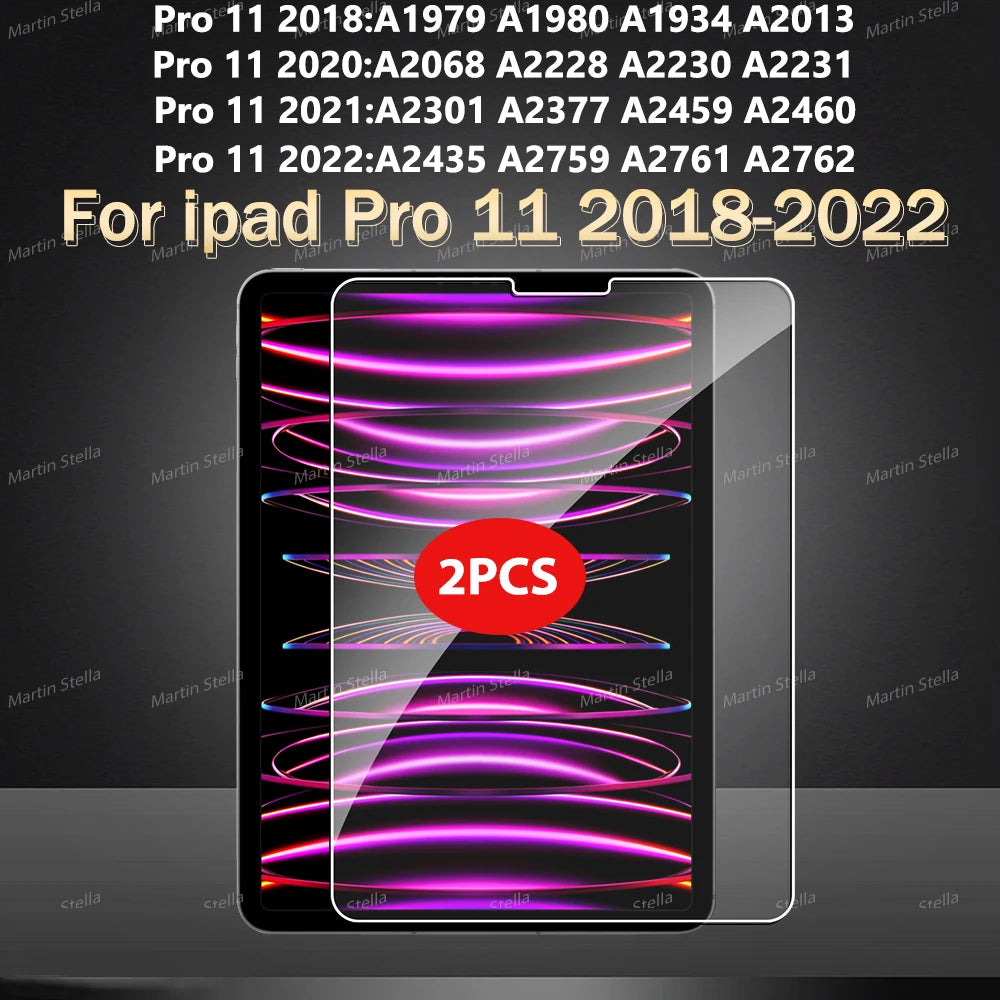 A display showing two tempered glass screen protectors for an iPad Pro 11 model.