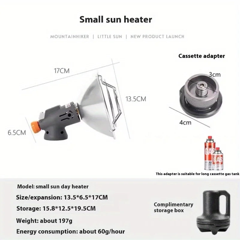 A small sun heater with a cassette adapter shown next to its dimensions and storage box.