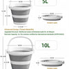 A set of collapsible portable buckets in gray and white, showing 5L and 10L capacities with folded and expanded states.
