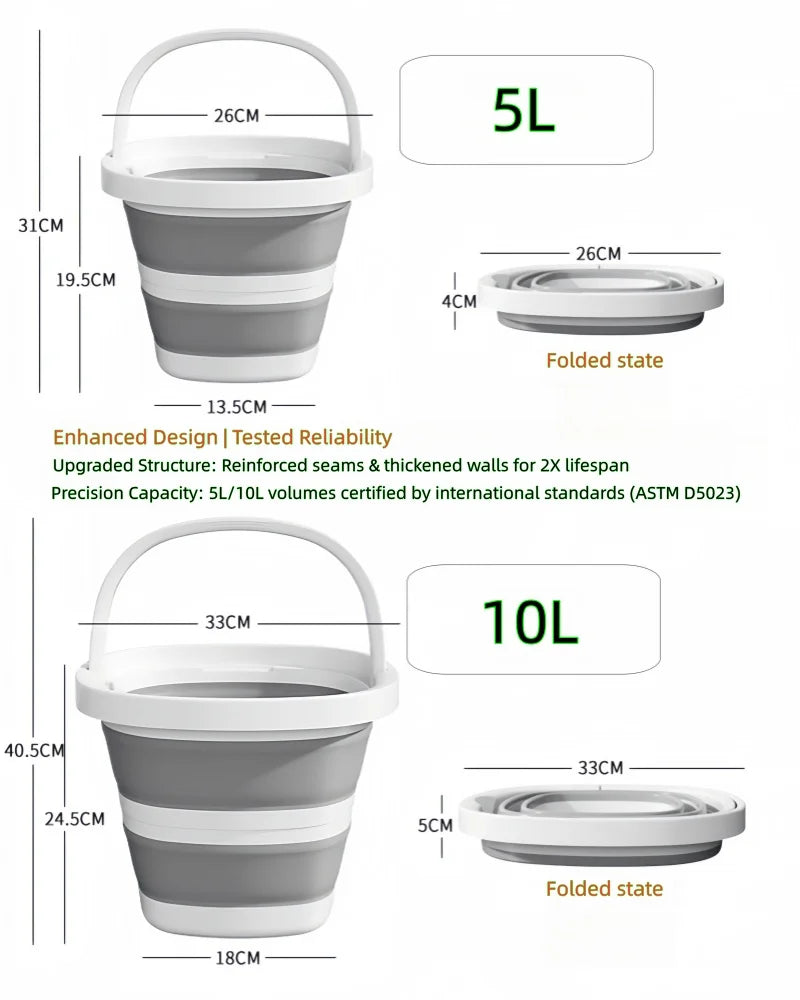 A set of collapsible portable buckets in gray and white, showing 5L and 10L capacities with folded and expanded states.