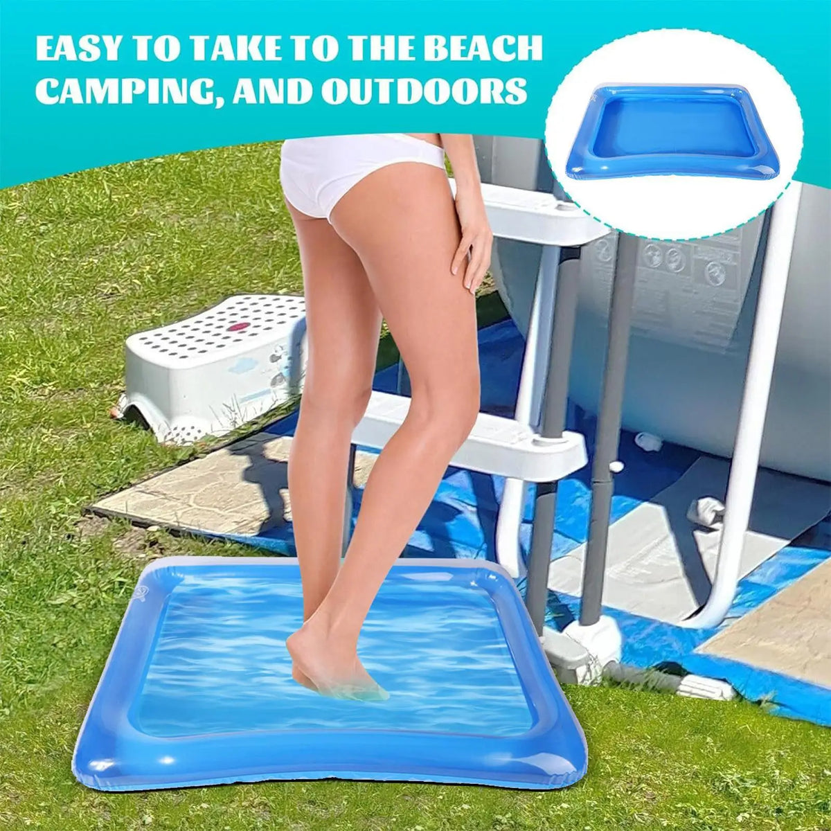 A person stands on a blue inflatable foot soaking basin outdoors near a camping setup.