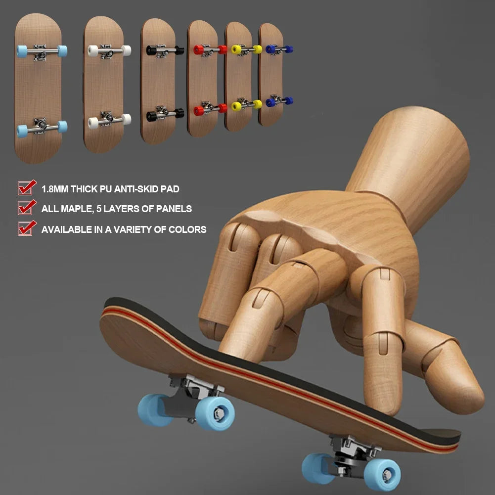 A wooden finger skateboard with multiple colored pads and a wooden grip, shown in various configurations.