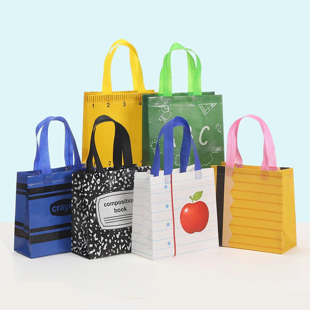 Colorful Non-Woven Gift Bags with Cute School Designs (12-Pack)