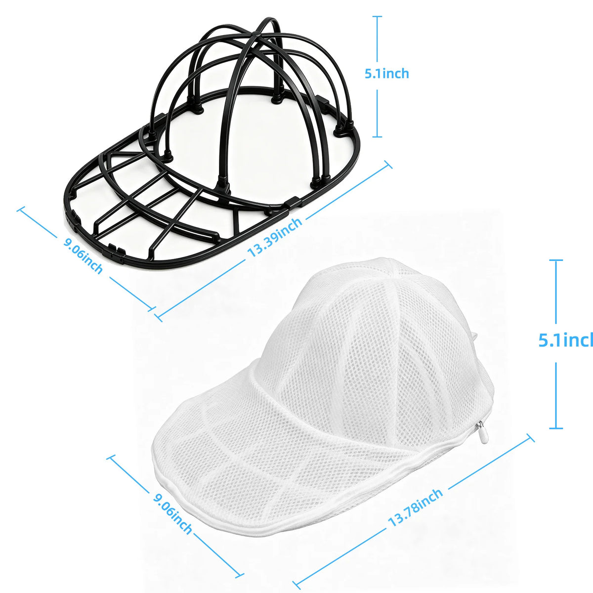 Black wire cage and white mesh laundry bag for protecting a baseball cap during washing