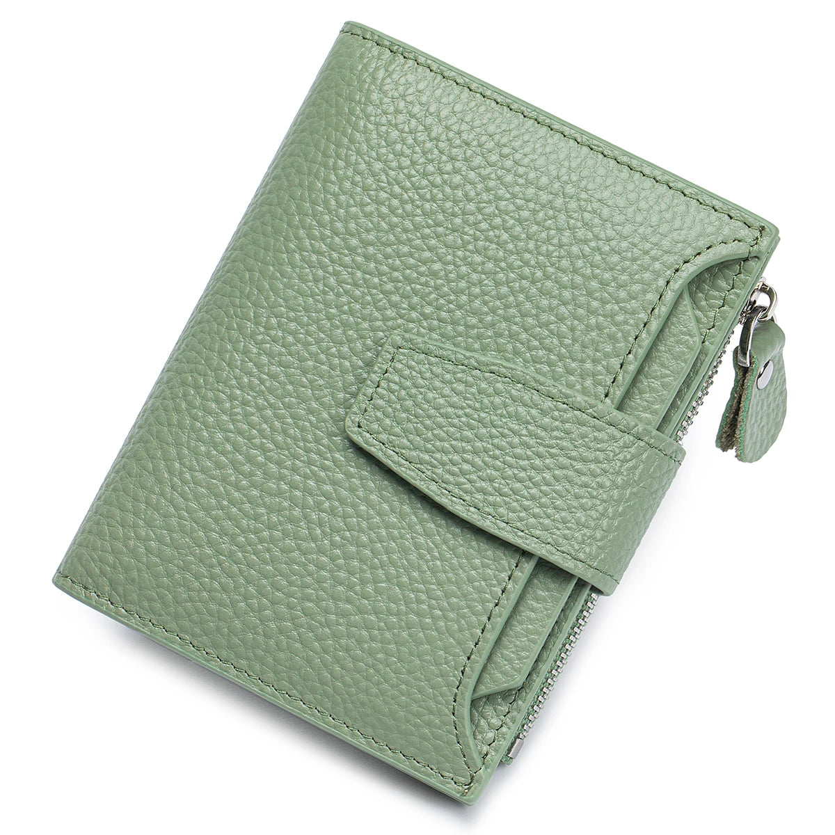 A light sage green genuine leather RFID blocking bifold wallet shown from above.