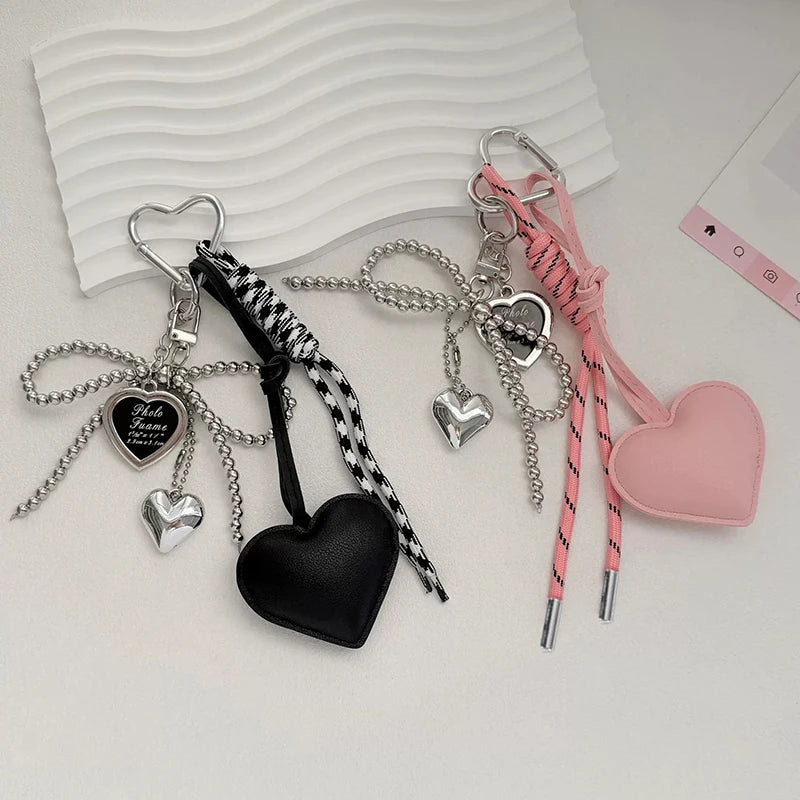 Cute Bow Bag Charm Keychain with Heart Pendant