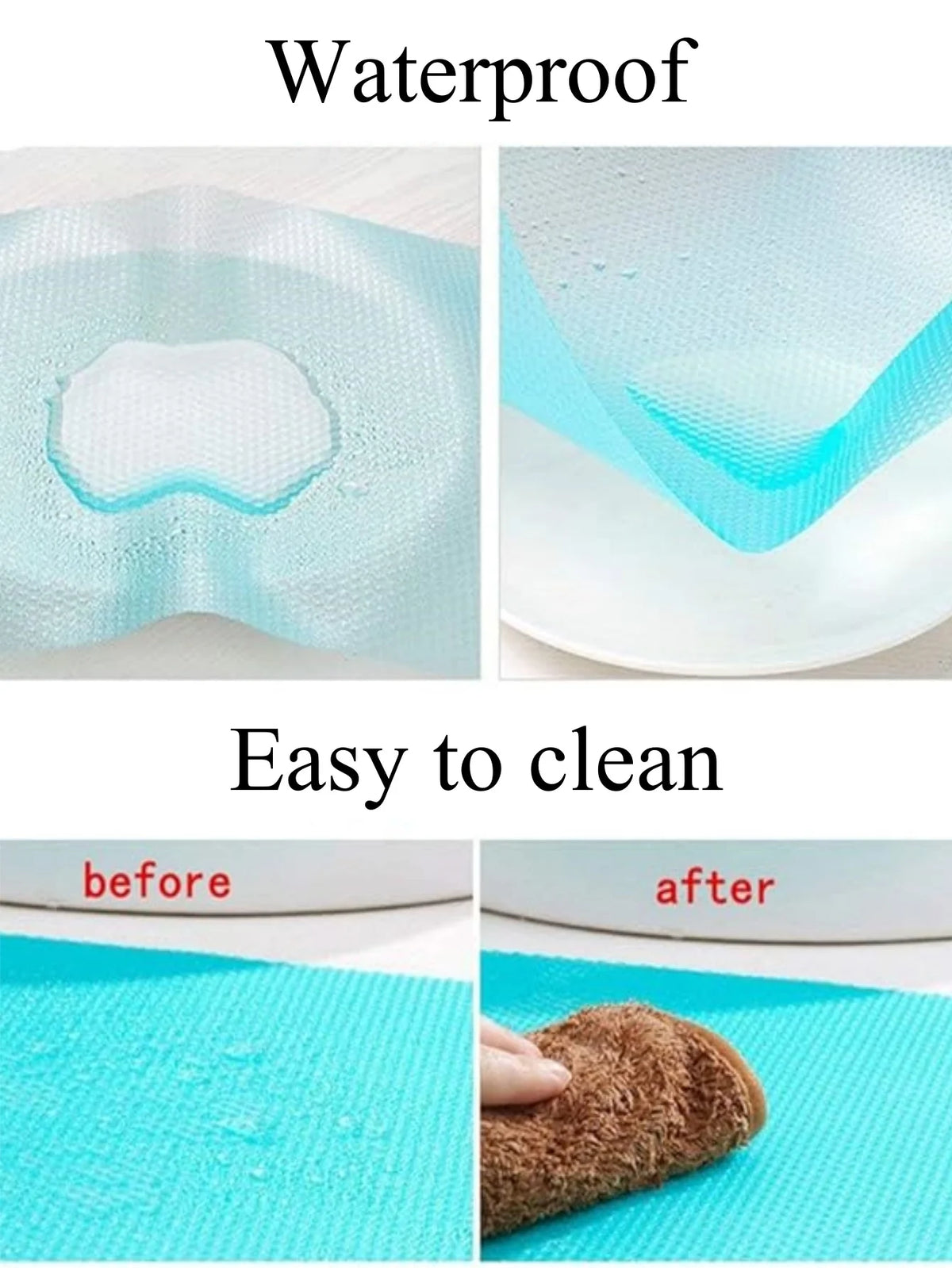 Images showing waterproof and easy-to-clean EVA fridge shelf liners before and after cleaning.