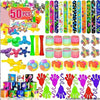 A colorful party pack of sensory fidget toys and stickers for kids featuring various textures and shapes.