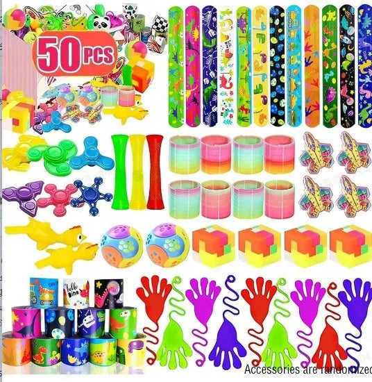 A colorful party pack of sensory fidget toys and stickers for kids featuring various textures and shapes.