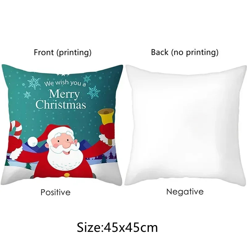 A pair of throw pillow covers showing the front with Christmas text and the back blank, measuring 45x45cm.