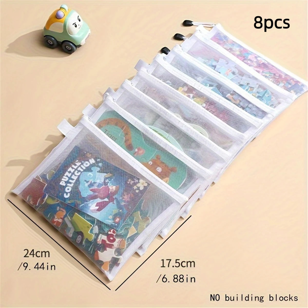 An 8-piece set of transparent mesh zipper pouches in three sizes is shown next to a small green toy car.