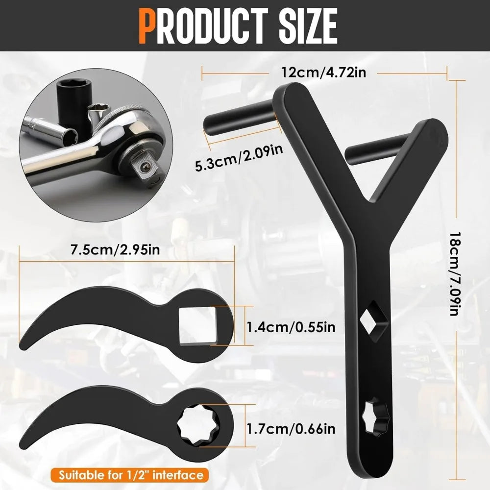 A black heavy-duty control arm pry tool kit showing various sizes and an adapter for a 1/2 inch interface.