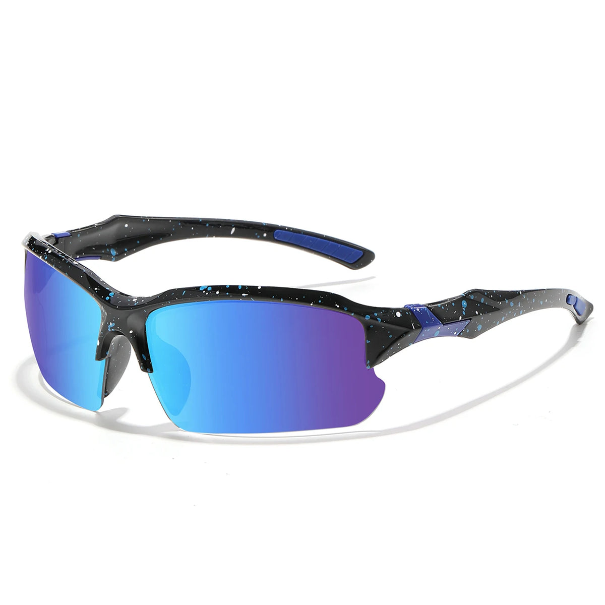 A pair of black sports sunglasses with blue polarized lenses and a dark frame are shown against a white background.
