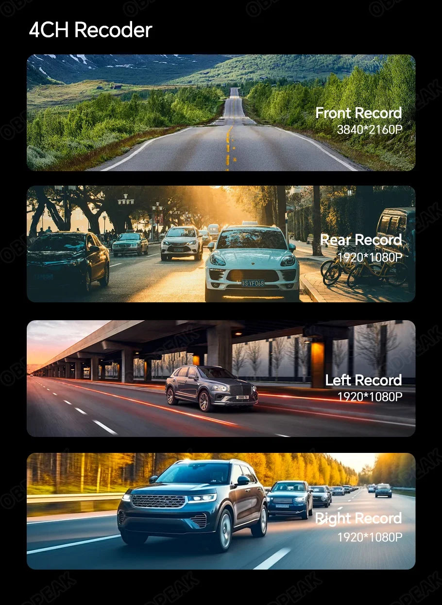 A collection of video footage showing various driving scenarios captured by a 4CH Recoder camera.
