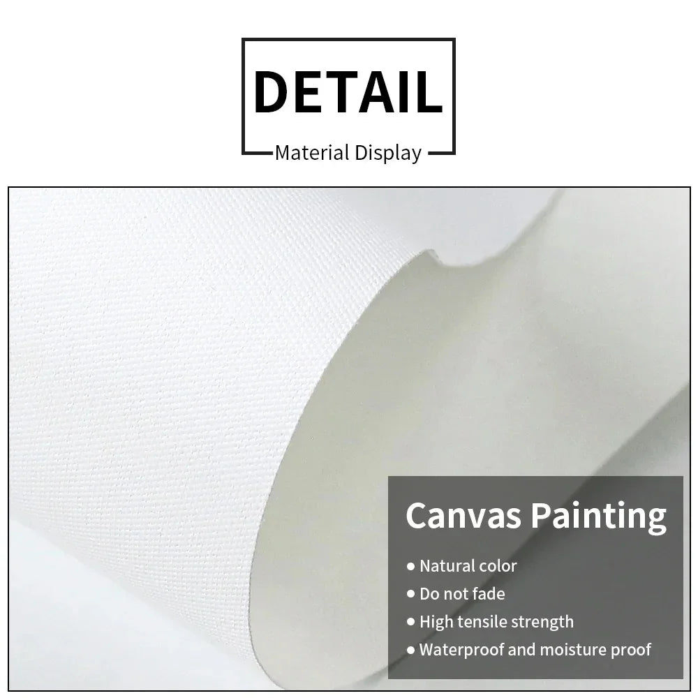 Detail display of canvas painting showing natural color, fade resistance, high tensile strength, and waterproof properties.