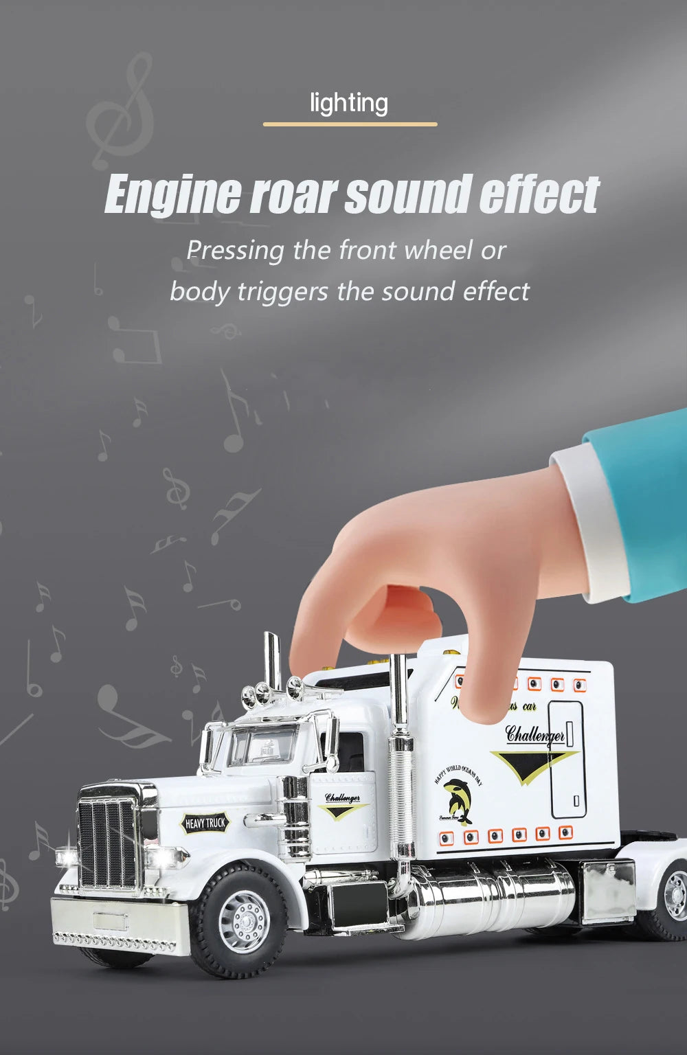 A white 1:24 scale diecast Peterbilt 389 heavy truck model is shown with a hand pressing a trigger to activate a sound effect