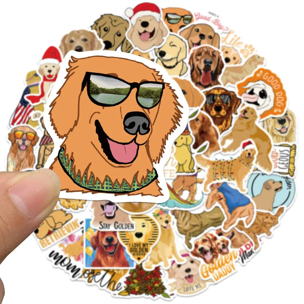 A collection of 50 stickers featuring various golden retriever dogs and related themes.