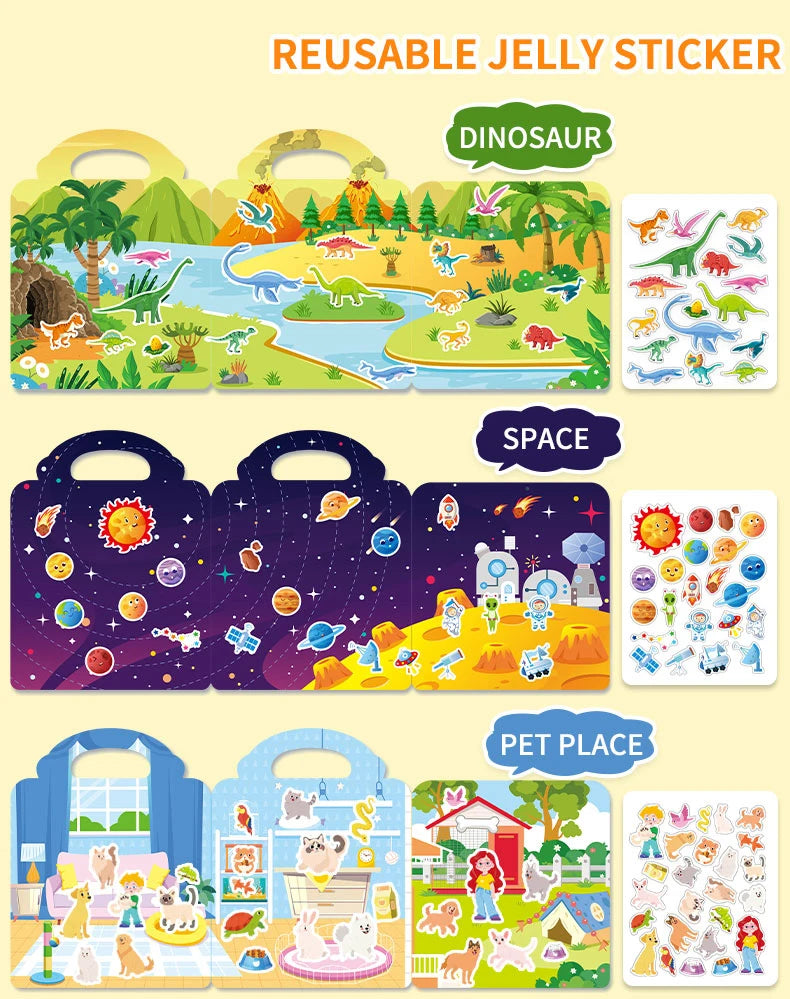 A collection of reusable jelly stickers featuring dinosaurs, animals, and space themes for kids.