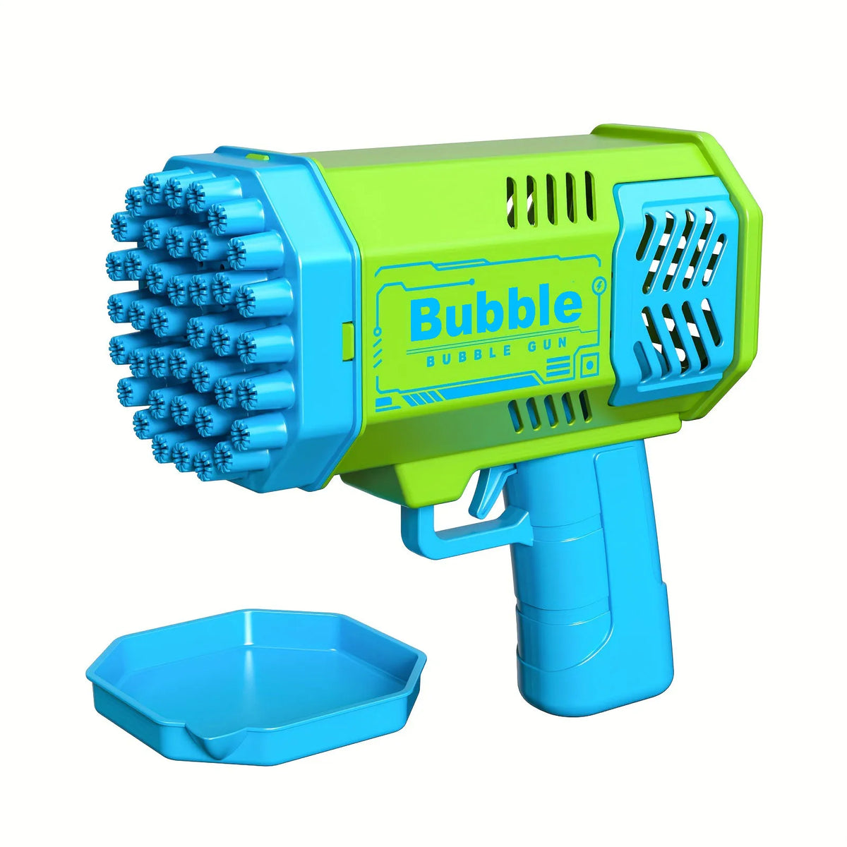 A bright lime green and blue bubble gun is shown with a blue plastic tray.