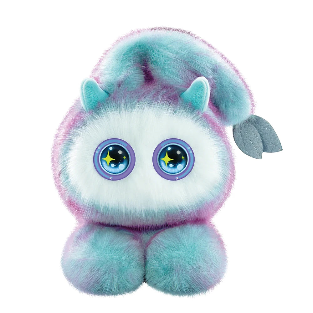 A fluffy, light blue and purple plush robot with large, glowing blue eyes.