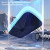 A dark, triangular nano cooling material shield is displayed inside a clear cylindrical container against a snowy background.