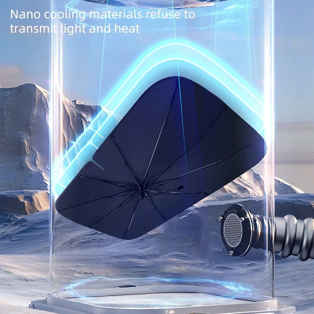 A dark, triangular nano cooling material shield is displayed inside a clear cylindrical container against a snowy background.