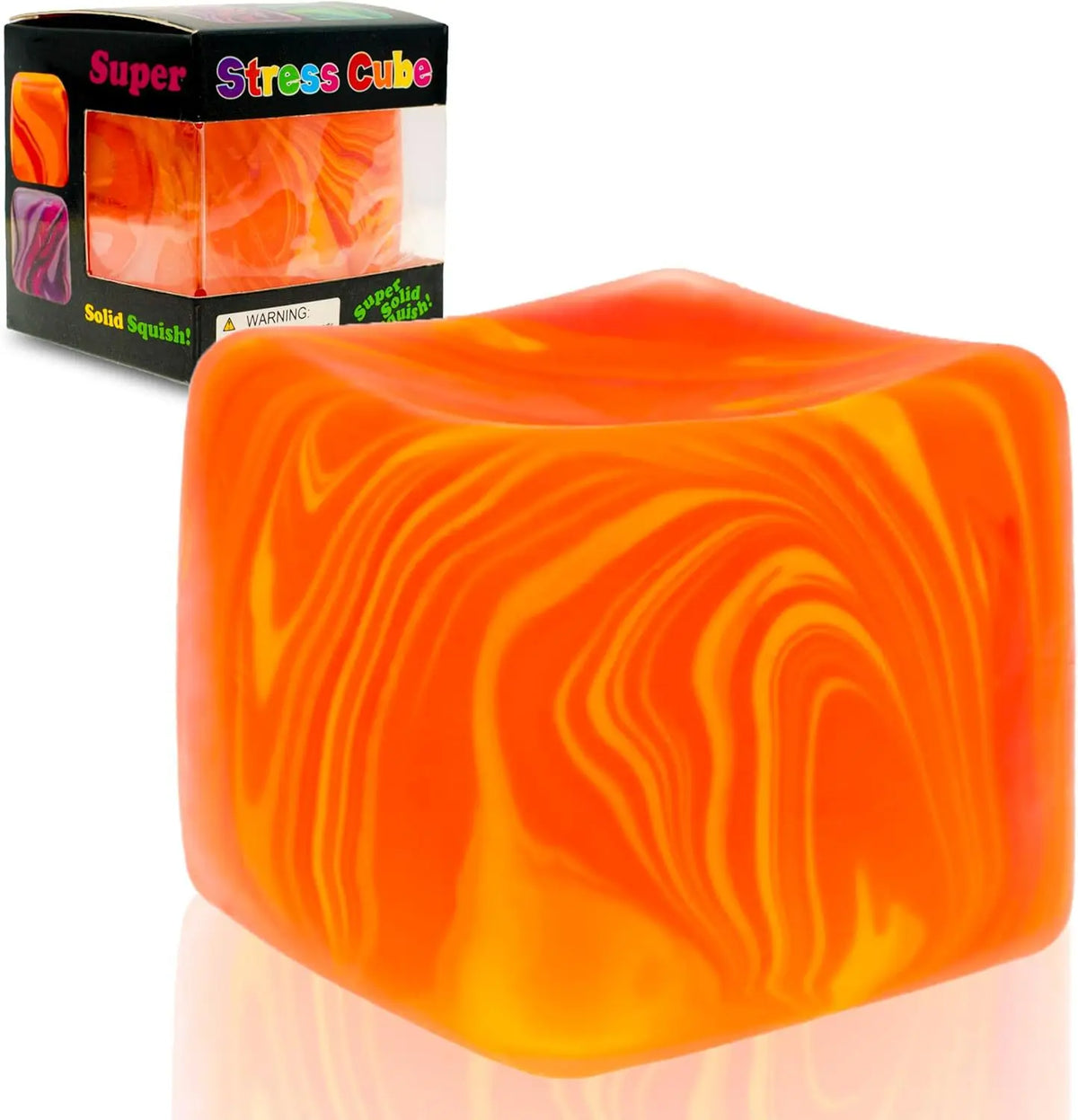 Cube anti-stress marbré orange en gel moelleux.