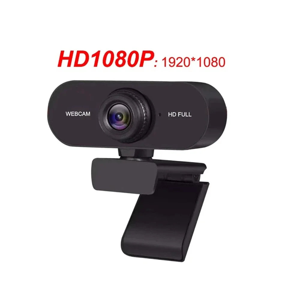 Schwarze HD1080P-Webcam mit Objektiv, montiert für Desktop- oder Laptop-Einsatz.