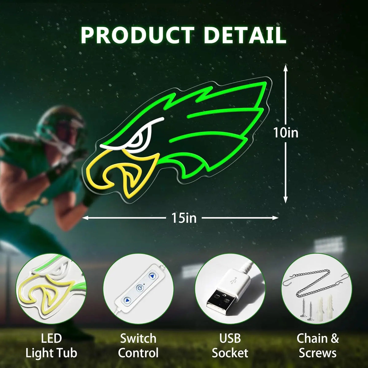 An eagle-shaped neon light sign with a green outline is displayed against a dark background.