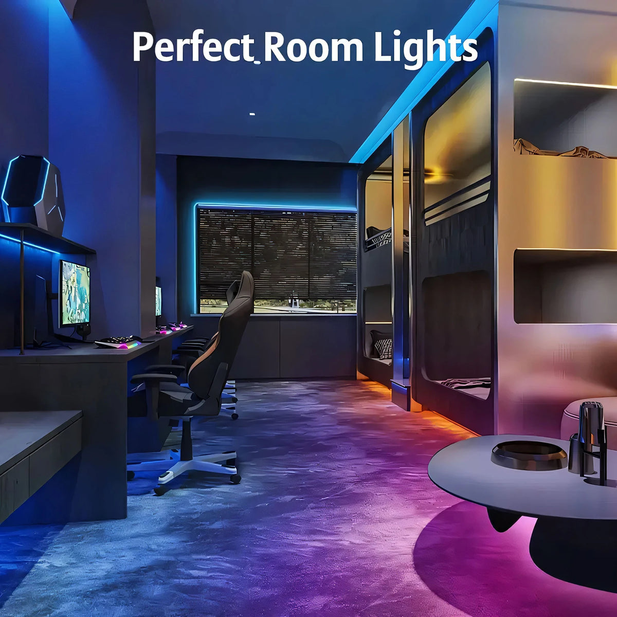 Modern office interior featuring perfect room lights with vibrant purple and blue ambient lighting.