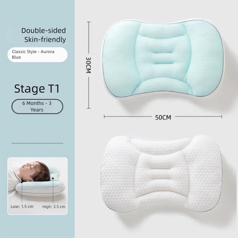 A light blue double-sided baby pillow for Stage T1 infants, shown in both a soft mint color and white.