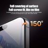 A close-up view of a smartphone screen with a full coverage screen protector applied, showing a 150-degree angle.