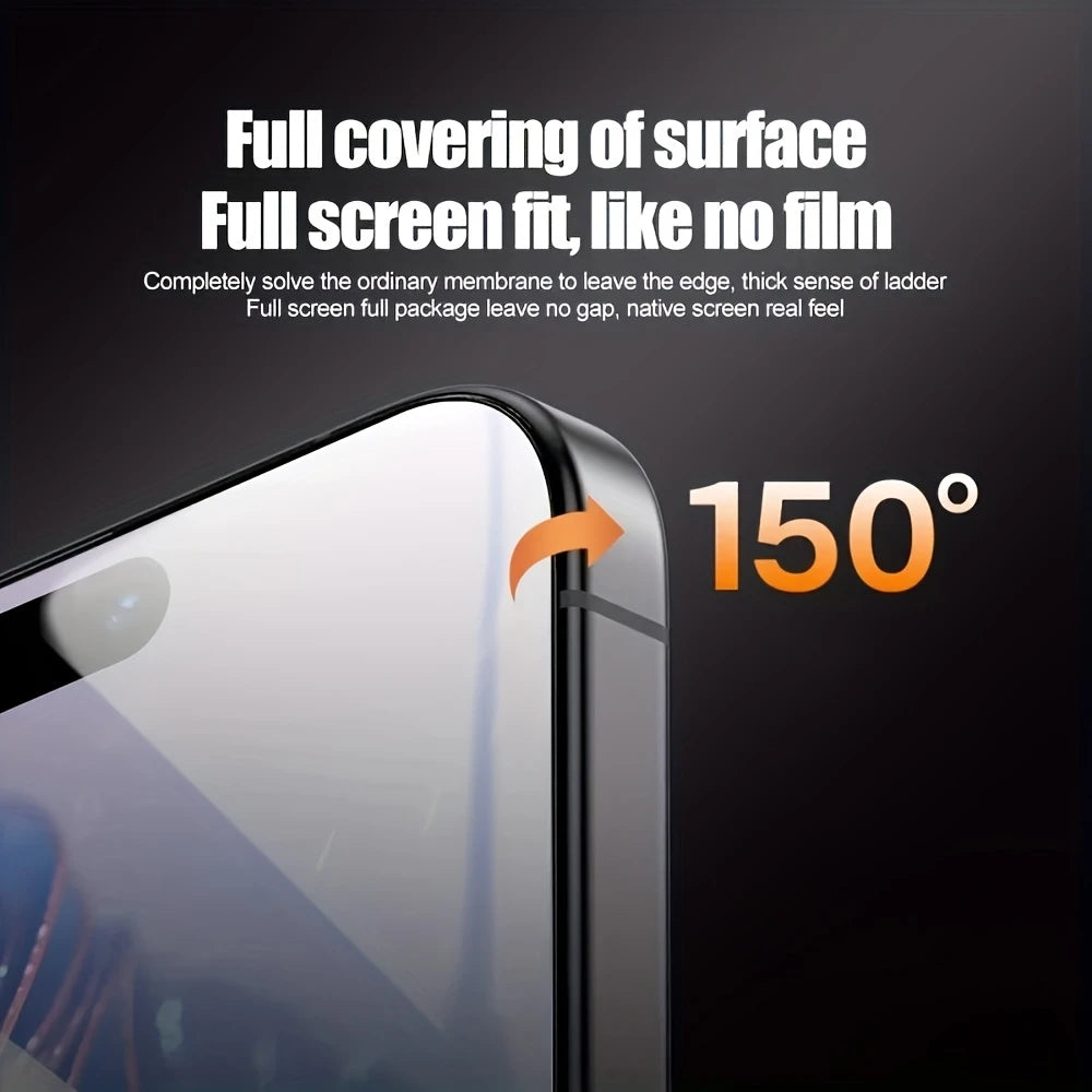 A close-up view of a smartphone screen with a full coverage screen protector applied, showing a 150-degree angle.