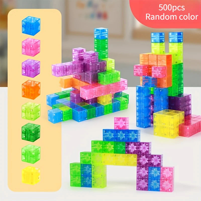 A collection of 500 random colored magnetic building blocks stacked and arranged in various shapes.