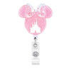 Pink Mickey Mouse themed badge reel with a castle design and retractable ID holder