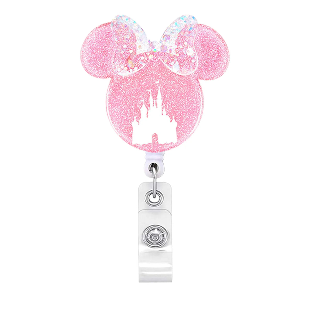 Pink Mickey Mouse themed badge reel with a castle design and retractable ID holder