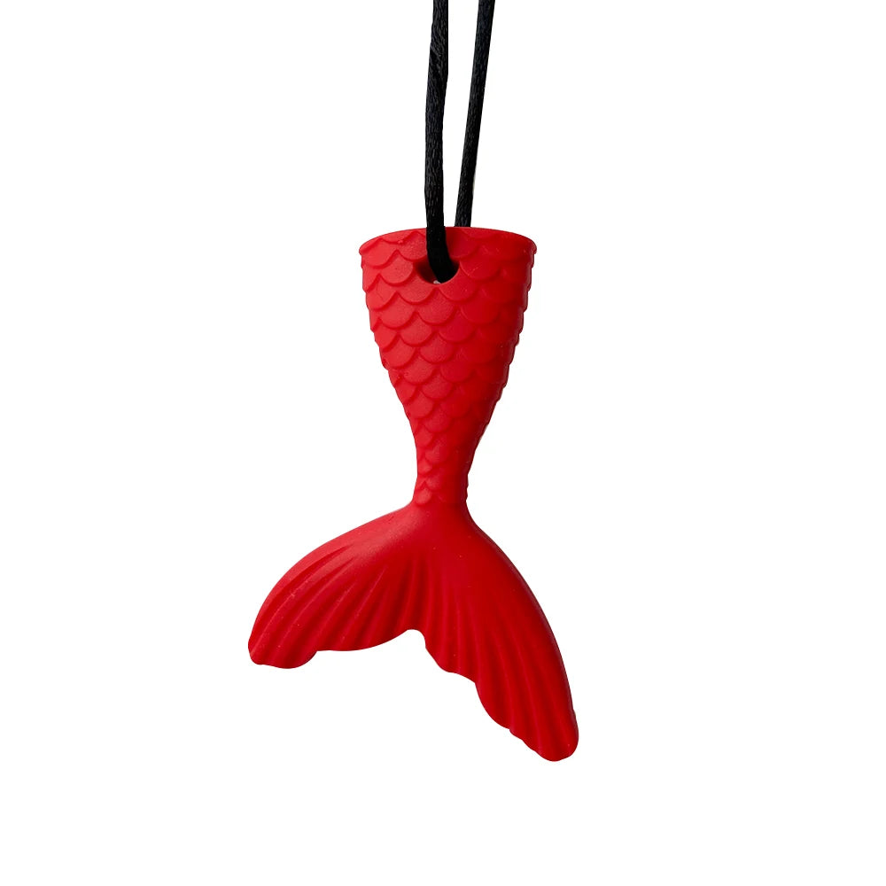 Red silicone sensory chew necklace for kids with a fish-shaped pendant