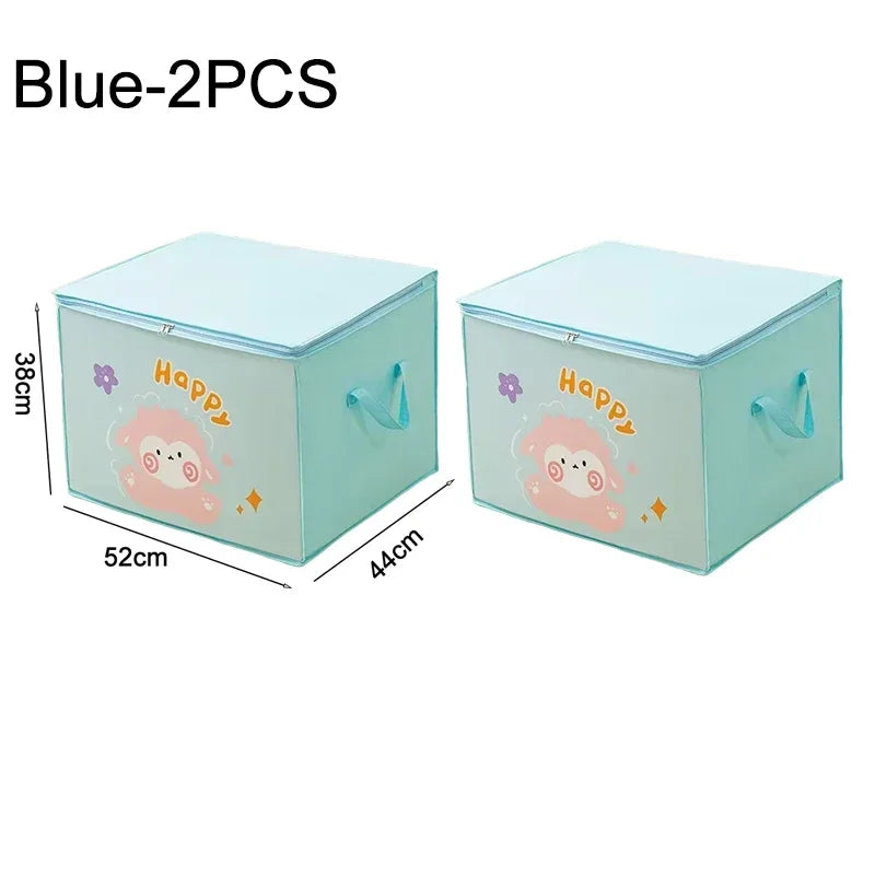 Two light blue foldable storage bags with a happy animal design shown side by side.